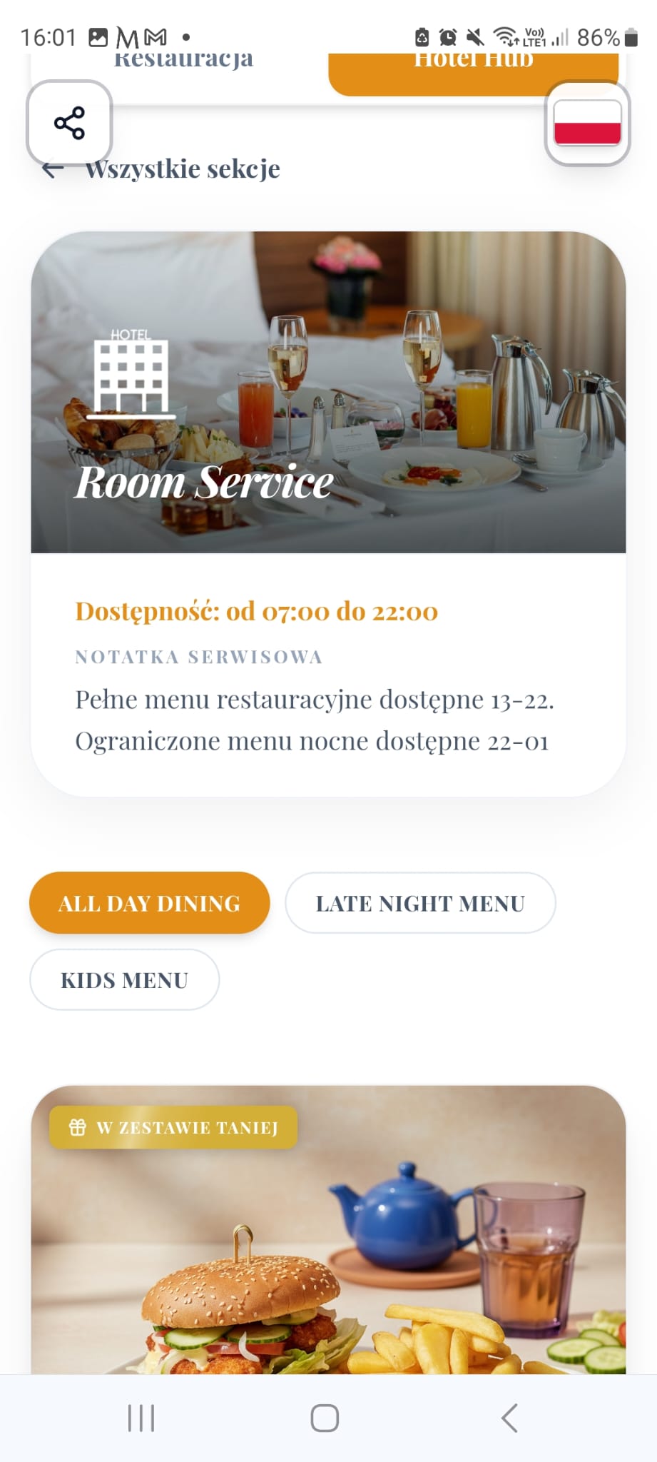 Hotel Hub — Room Service, All Day Dining i zestawy