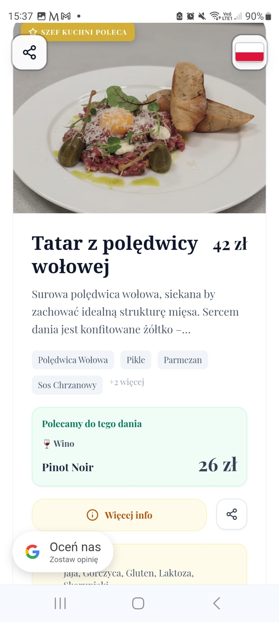 ChefVision — polecane danie z rekomendacją wina Pinot Noir