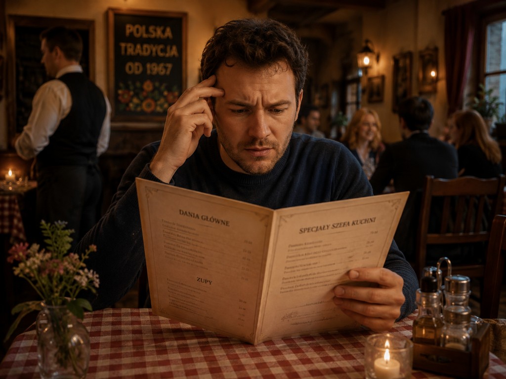 Gość zdezorientowany papierowym menu w obcym języku