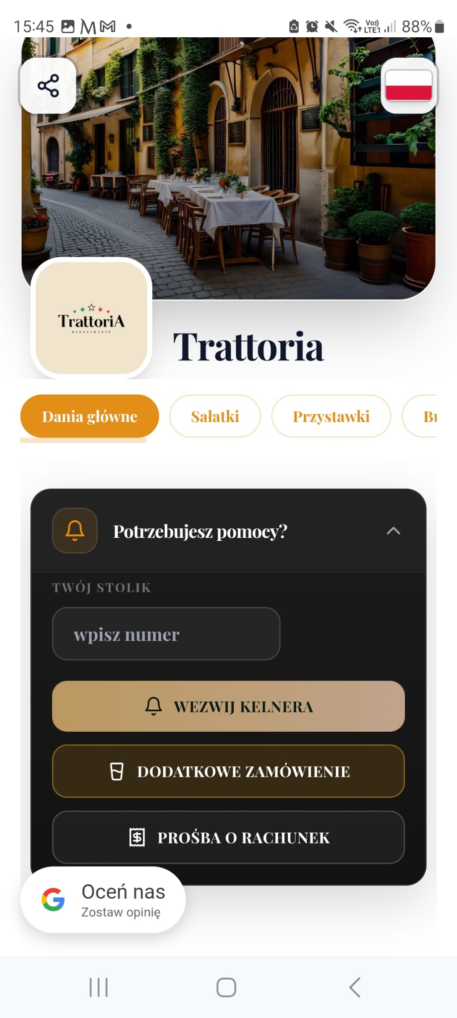 ChefVision — wezwij kelnera, dodatkowe zamówienie, prośba o rachunek